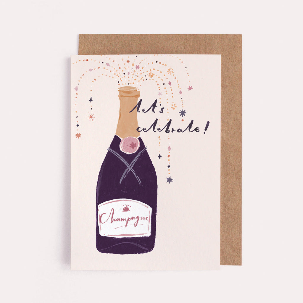 A bottle of champagne or prosecco on a female friend birthday card from the womens birthday card collection at Sister Paper Co.