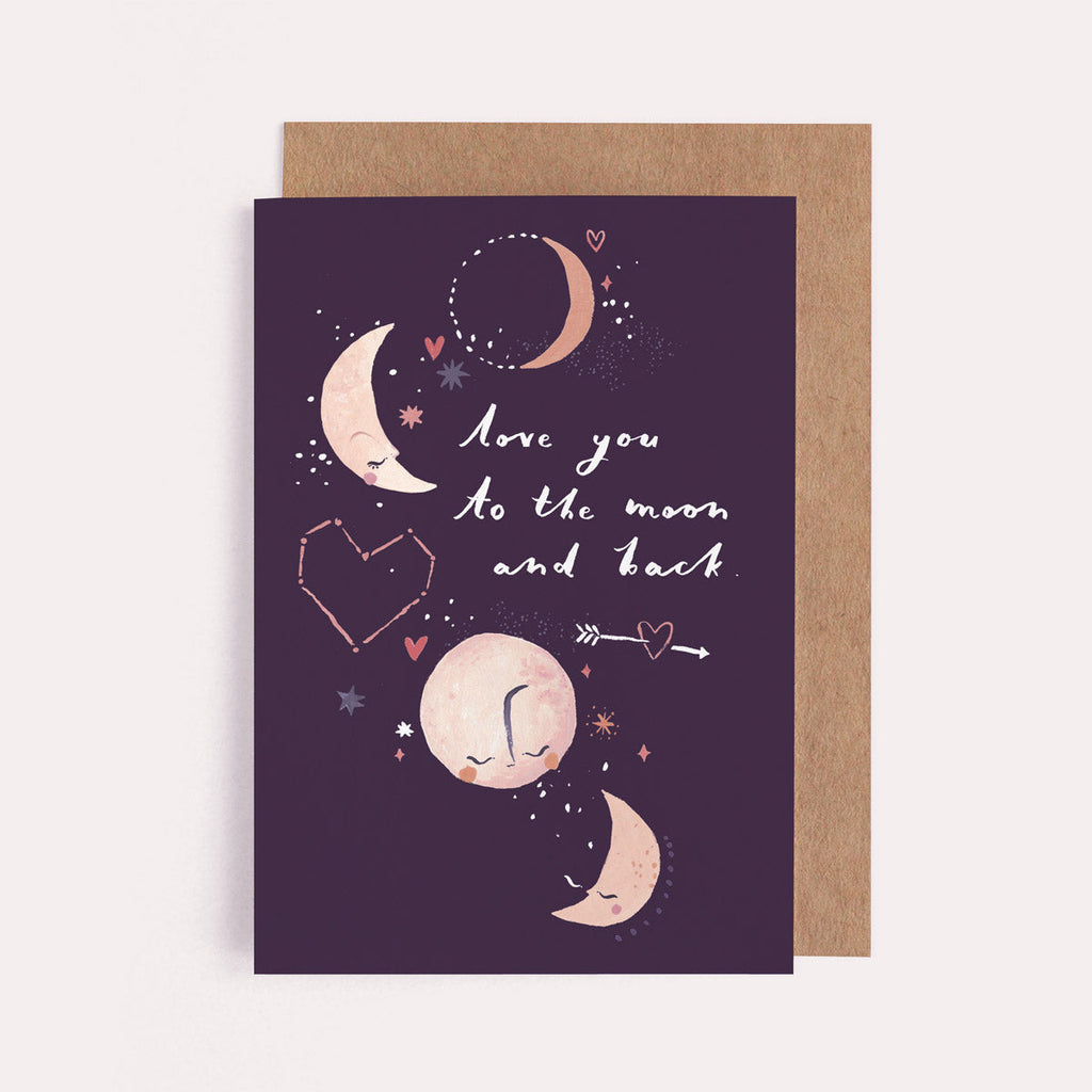 Illustrated love and Valentine's Day Card with a cosmic touch reading "Love you to the moon and back" from the Occasions collection at Sister Paper Co. 
