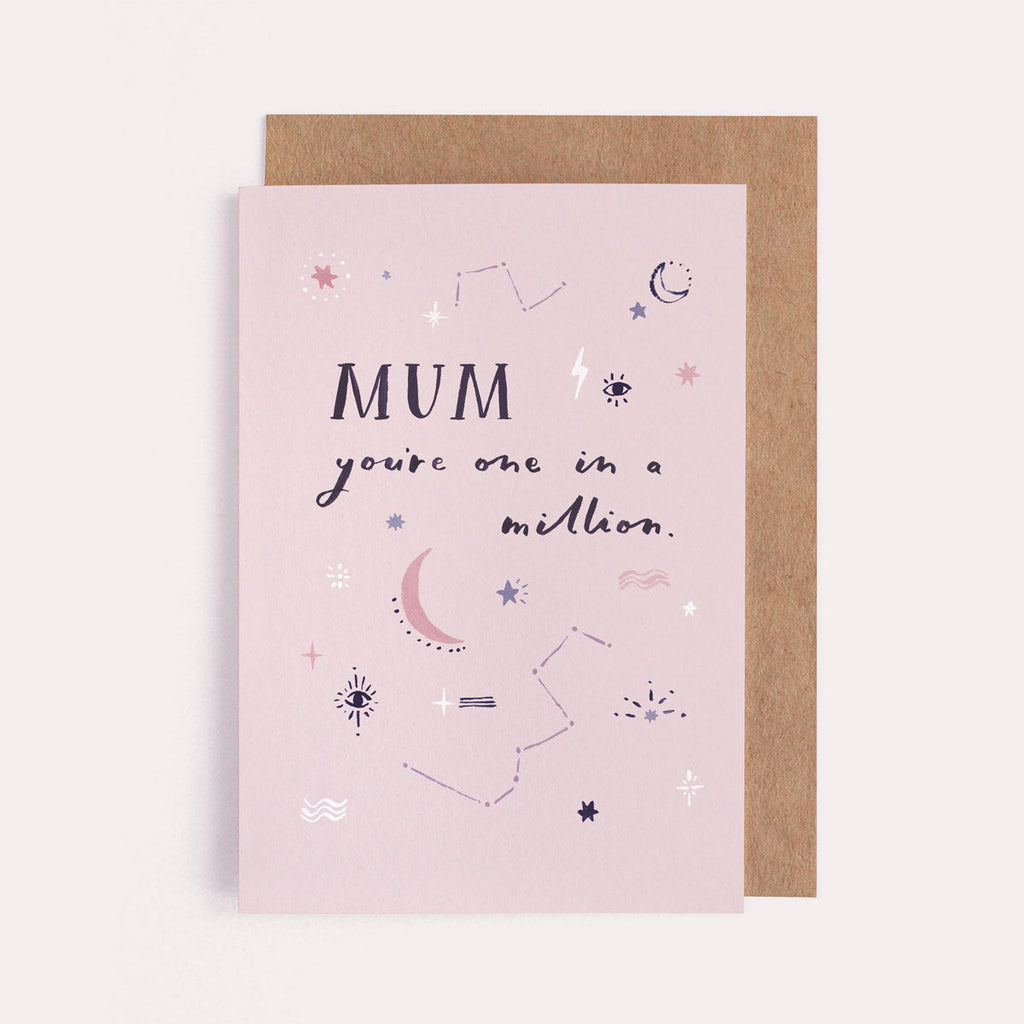 A hand painted mum card featuring a solar system of stars and moon. Reads "mum you're one in a million". From the Solstice collection at Sister Paper Co.