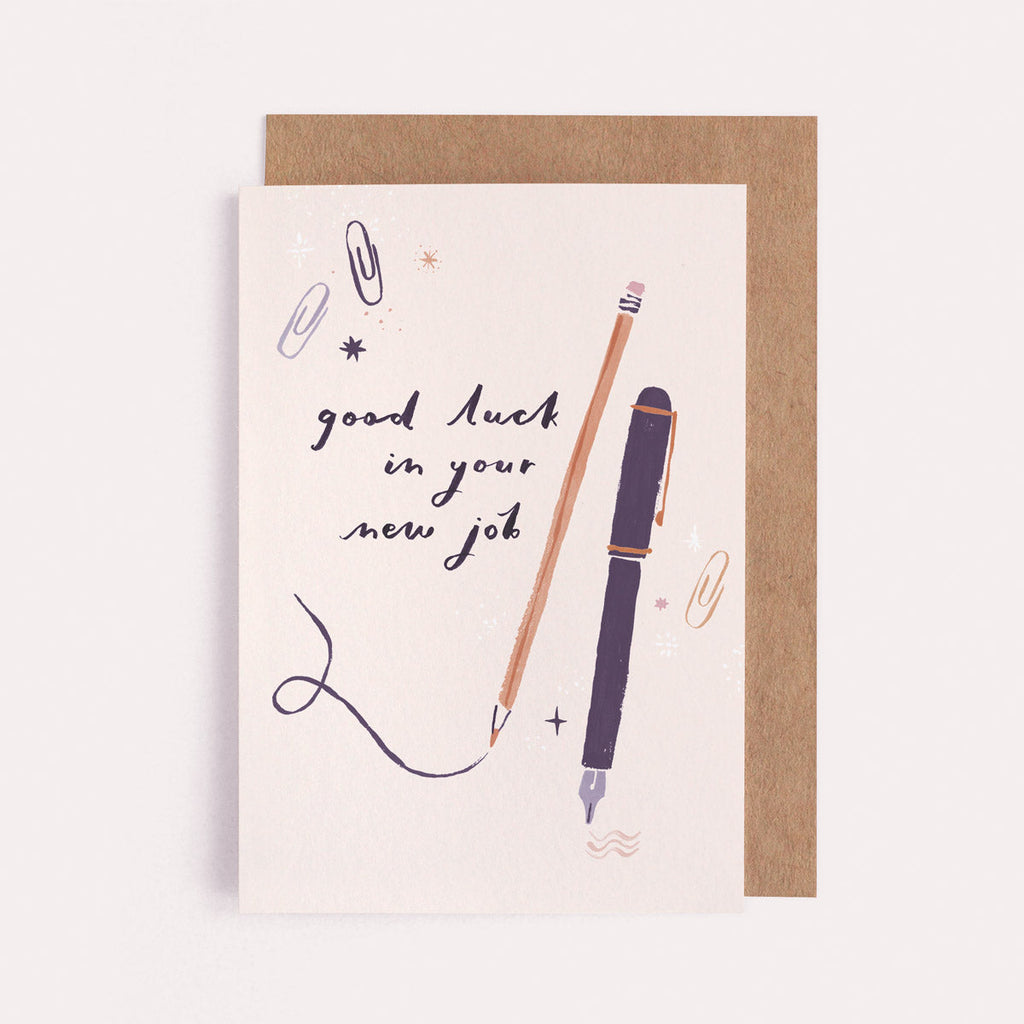 A good luck card for a new job featuring pen and pencil. From the Solstice collection at Sister Paper Co.