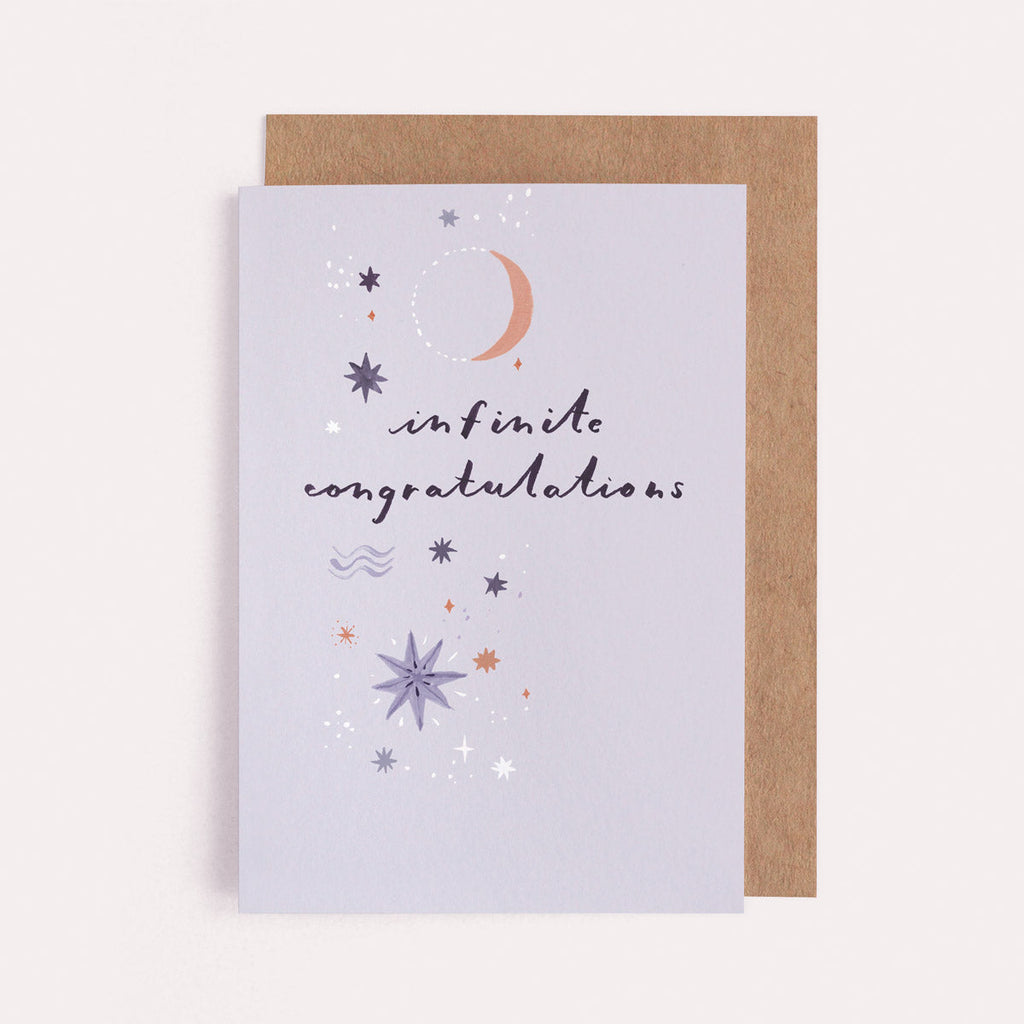 A celebration card reading 'infinite congratulations. From the Solstice collection at Sister Paper Co.