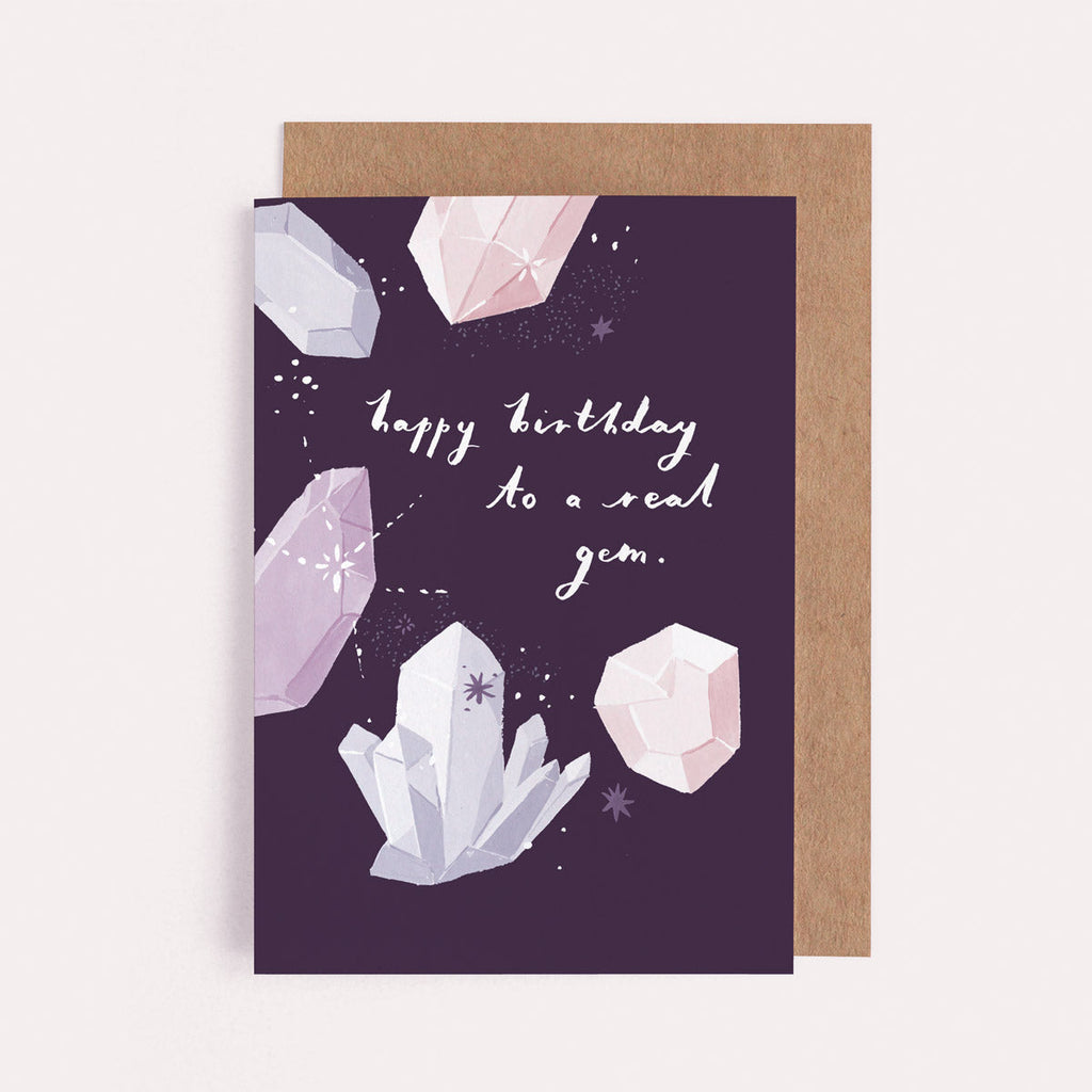 A birthday card with delicately illustrated gems and crystals. From the Solstice collection at Sister Paper Co.
