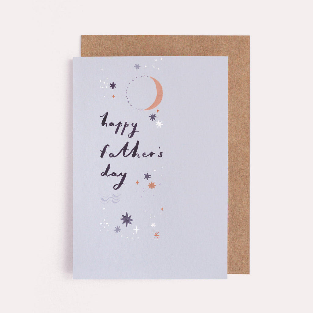 A hand painted Father's Day card featuring simple stars and a moon reading "happy father's day". From the Solstice collection at Sister Paper Co.
