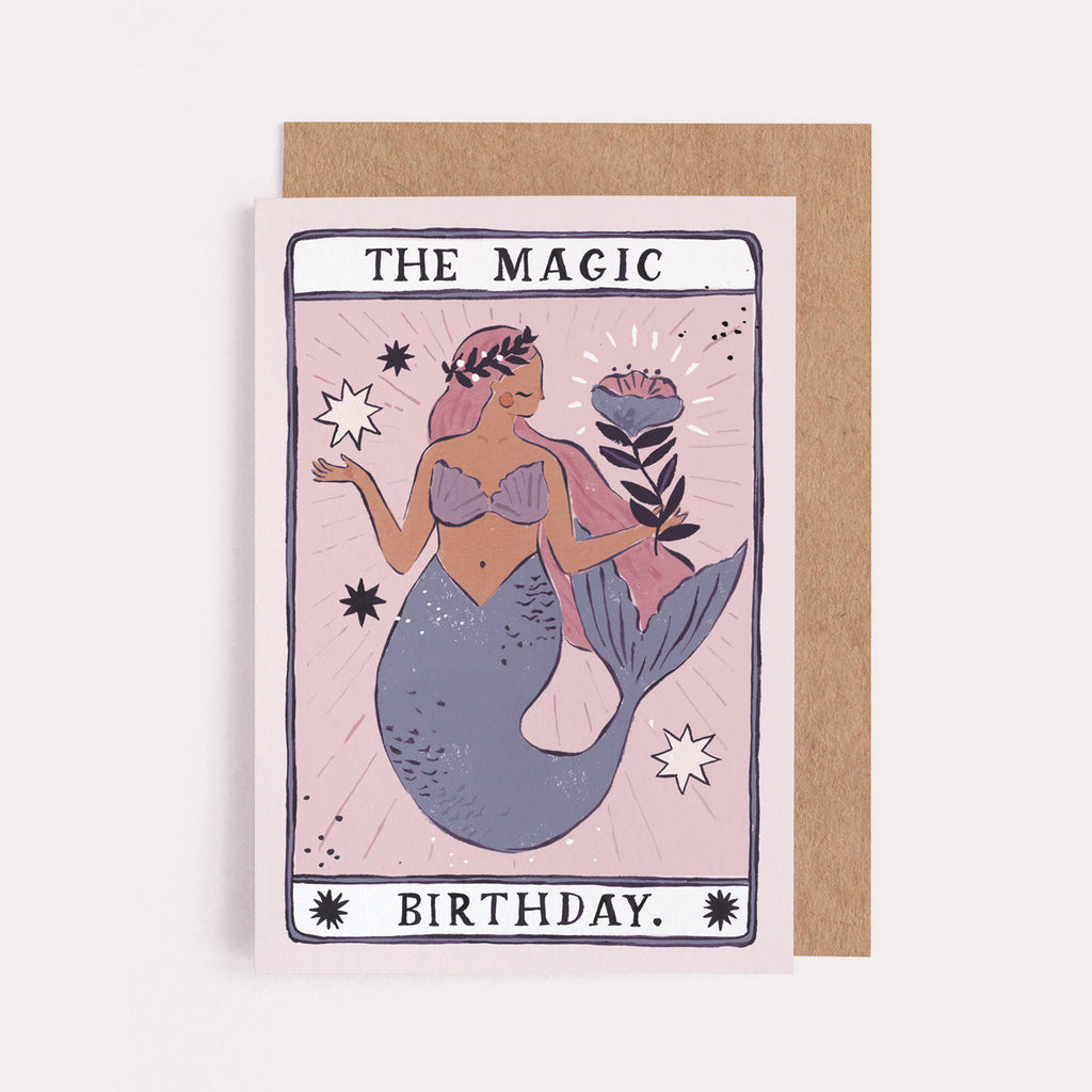 A handmade tarot card style star with illustrated beautiful mermaid and magic birthday hand lettering on a birthday card from the female birthday card collection at Sister Paper Co.