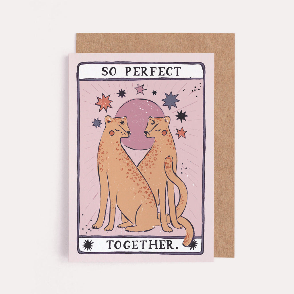 A handmade tarot style card with illustrated leopards and perfect together hand lettering on an anniversary card from the wedding card collection at Sister Paper Co.