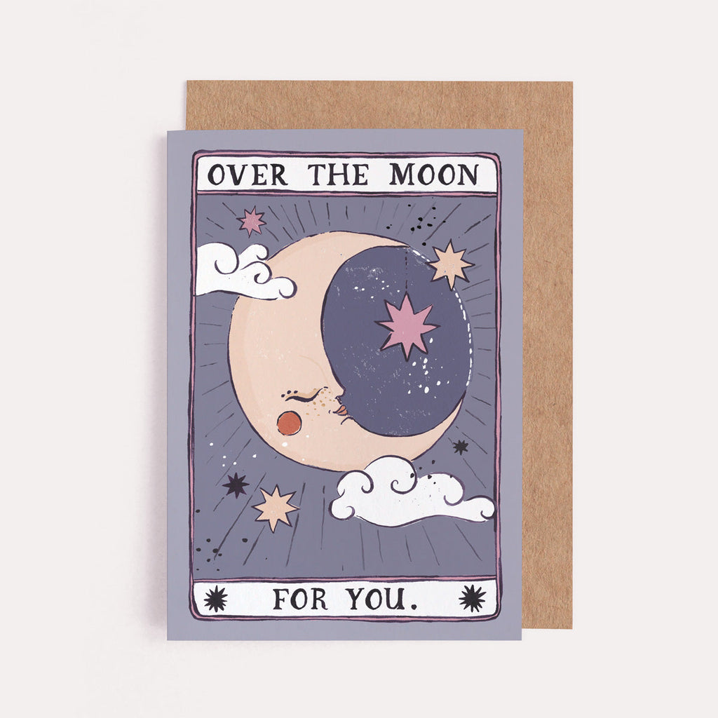 A handmade congratulations card with illustrated moon and over the moon for you hand lettering on a congrats card from the tarot celebrations collection at Sister Paper Co.