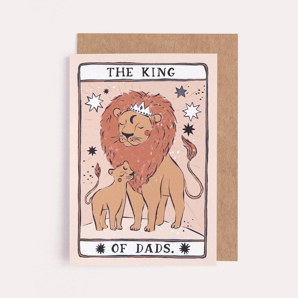 The King Of Dads card from the Tarot collection at Sister Paper Co features a king lion and his cub.