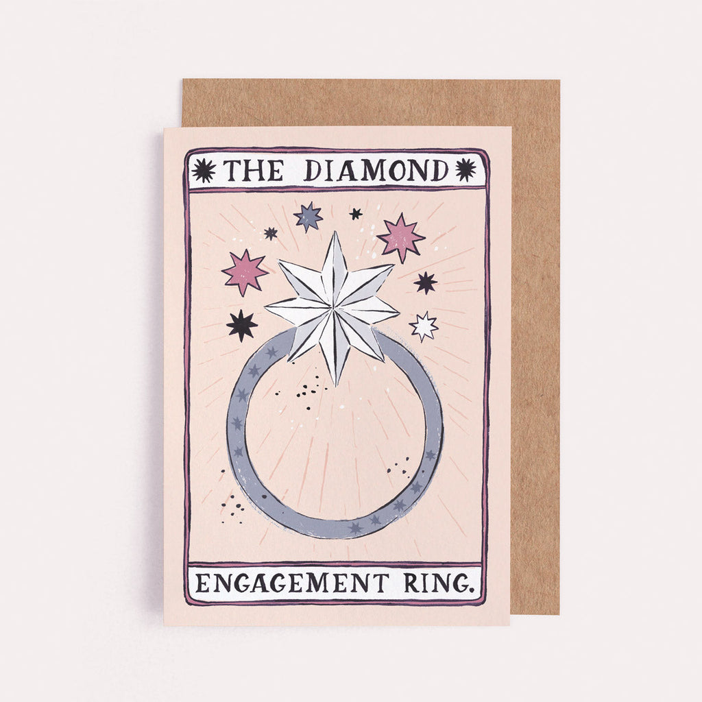 The Diamond Engagement Ring card from the Tarot collection at Sister Paper Co features a mystical diamond ring.