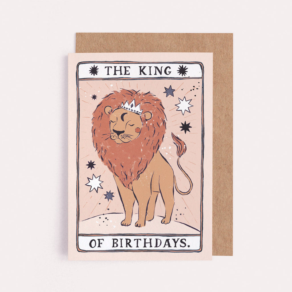 The King Of Birthdays card from the Tarot collection at Sister Paper Co features a king lion.