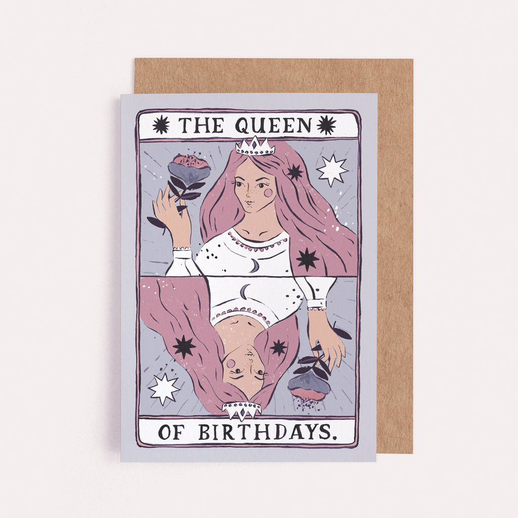 The Queen of Birthdays card from the Tarot collection at Sister Paper Co features a mirrored Queen birthday card.