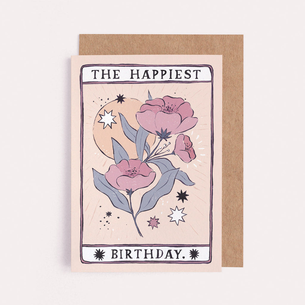 The Happiest Birthday card from the Tarot collection at Sister Paper Co features a hand-painted flower.