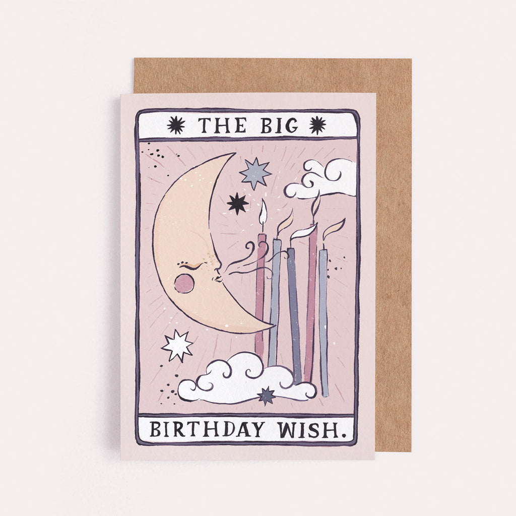 The Big Birthday Wish card from the Tarot collection at Sister Paper Co features a crescent moon and candles.
