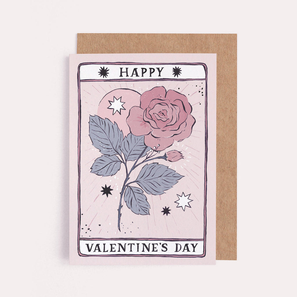 A hand-painted rose with the words 'Happy Valentine's Day' on this Tarot inspired love card. From the Valentine's Day collection at Sister Paper Co.