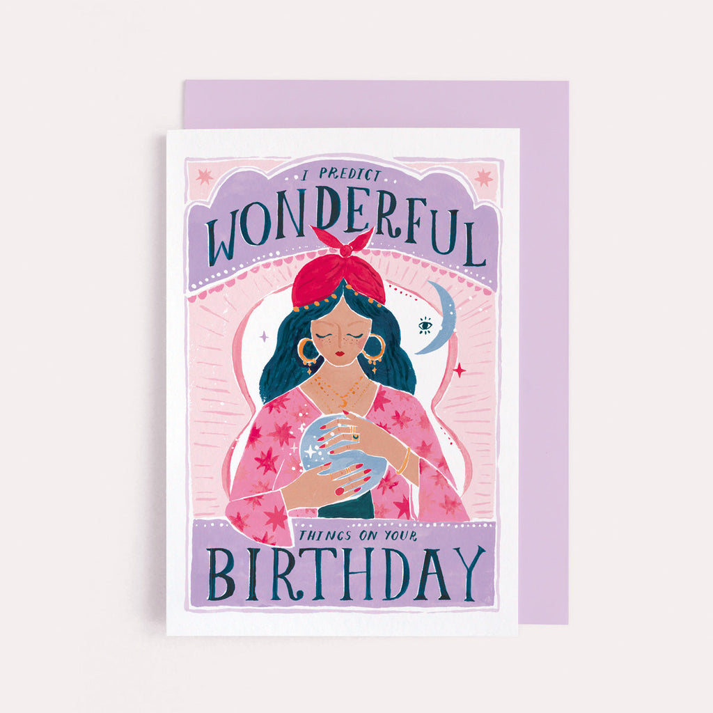 A fortune teller and crystal ball on a female birthday card from the feminist birthday cards collection at Sister Paper Co.