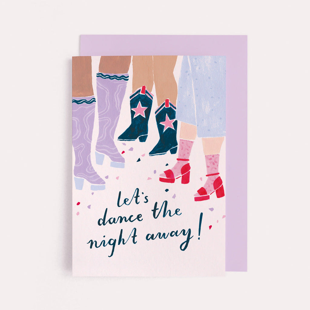 Dancers and dance the night away hand painted lettering on a birthday card from the female birthday card collection at Sister Paper Co.