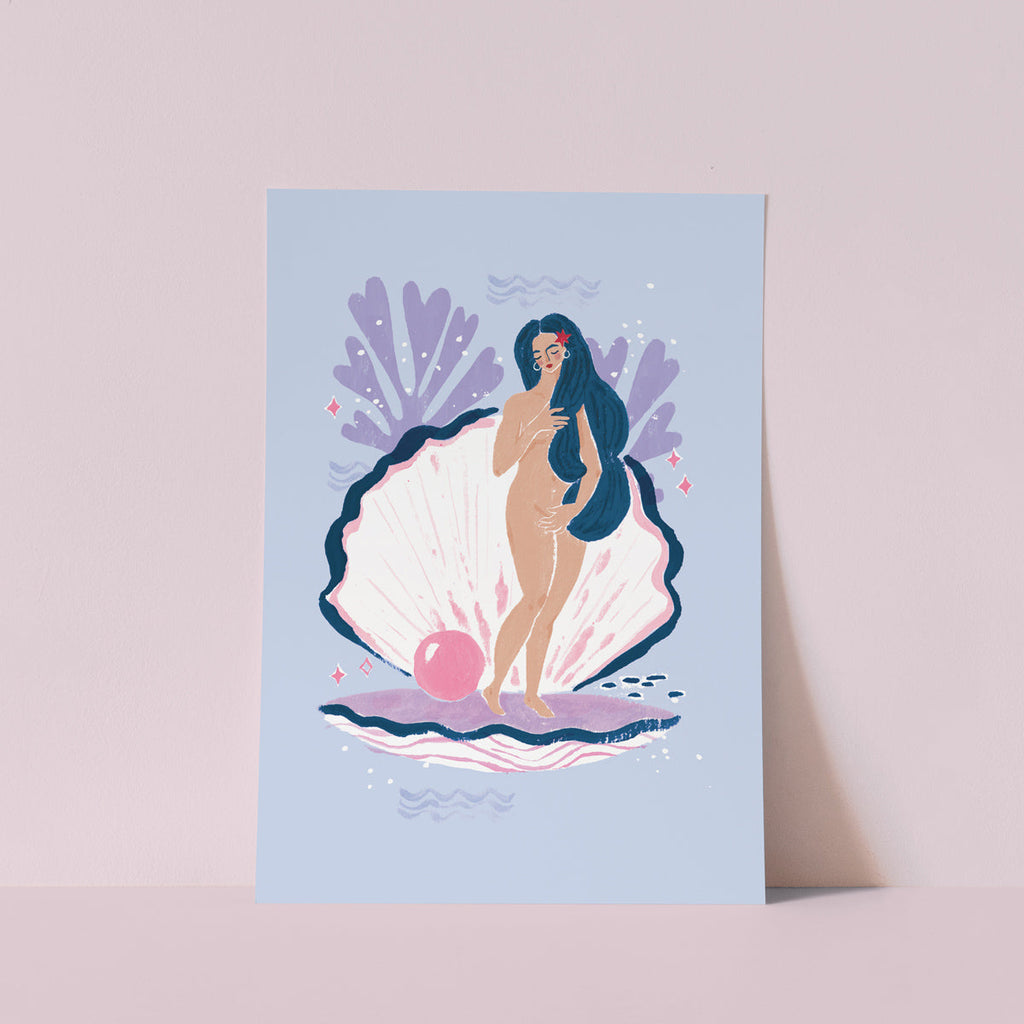Birth of venus art print with illustrated goddess and shell inspired by art poster from the gallery wall art collection at Sister Paper Co.